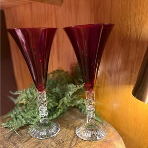 Vintage Cristal D’Arques Ruby Red Champagne Flutes Or Water Goblets “NOEL”
